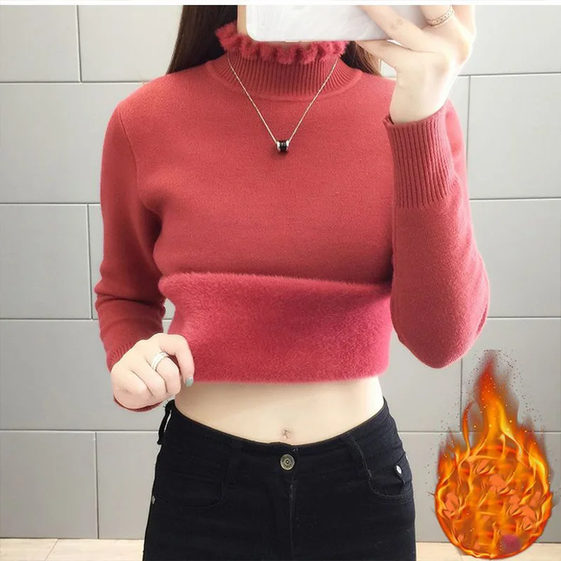 

Autumn Winter Fashion Solid Plush Thick Sweaters Women Harajuku Slim Fit All Match Female Clothes Chic Pullover Casual Tops Lady