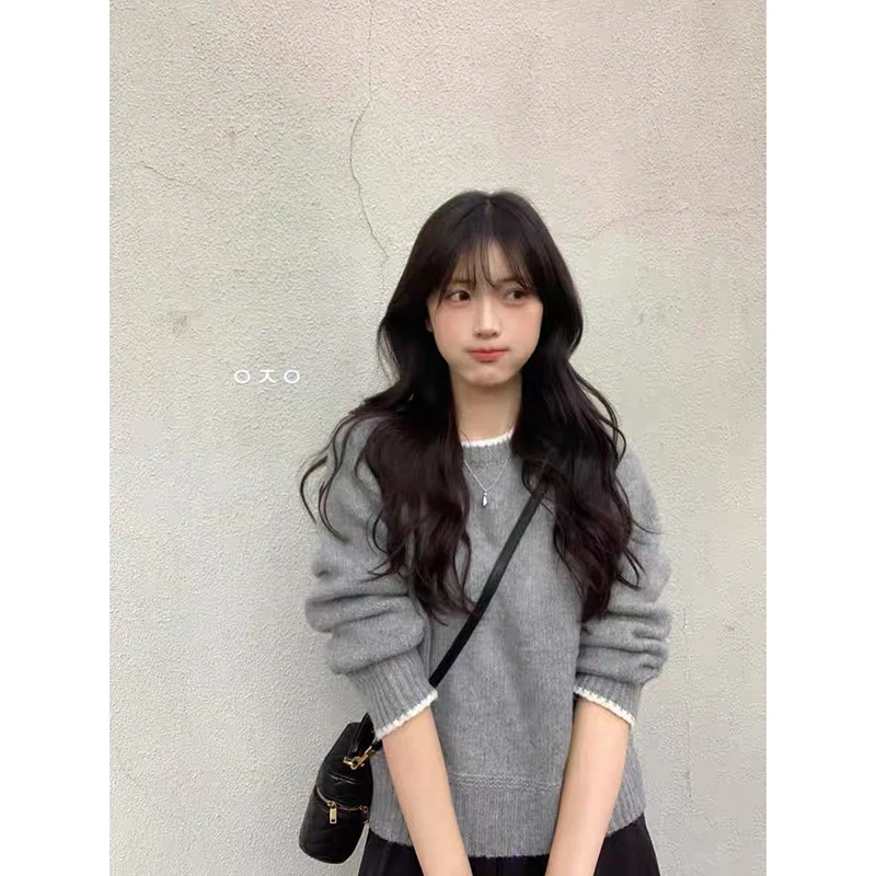 

YIBASHU женский серый свитер с круглым вырезом и длинными рукавами Y2K American High Street в стиле ретро 2000-х годов, повседневный топ, трикотаж, зимняя одежда