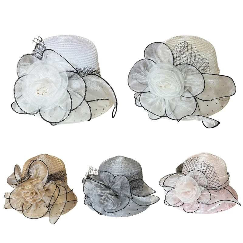 

Elegant Bowler Hat for Girls Women Fascinator Fisherman Hat with Large Flower Summer Organza Hat Wide Brimmed N58F