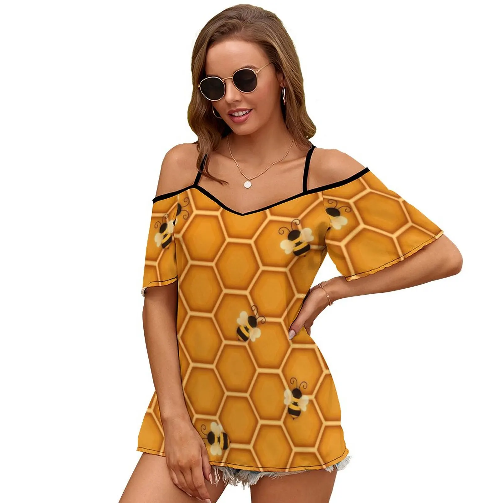 Bees ? Sexy And Club Fashion Female T-Shirt Short Sleeve Off Shoulder Lady T Shirts Bees Bee Honey Honeycomb Geometry Geometric