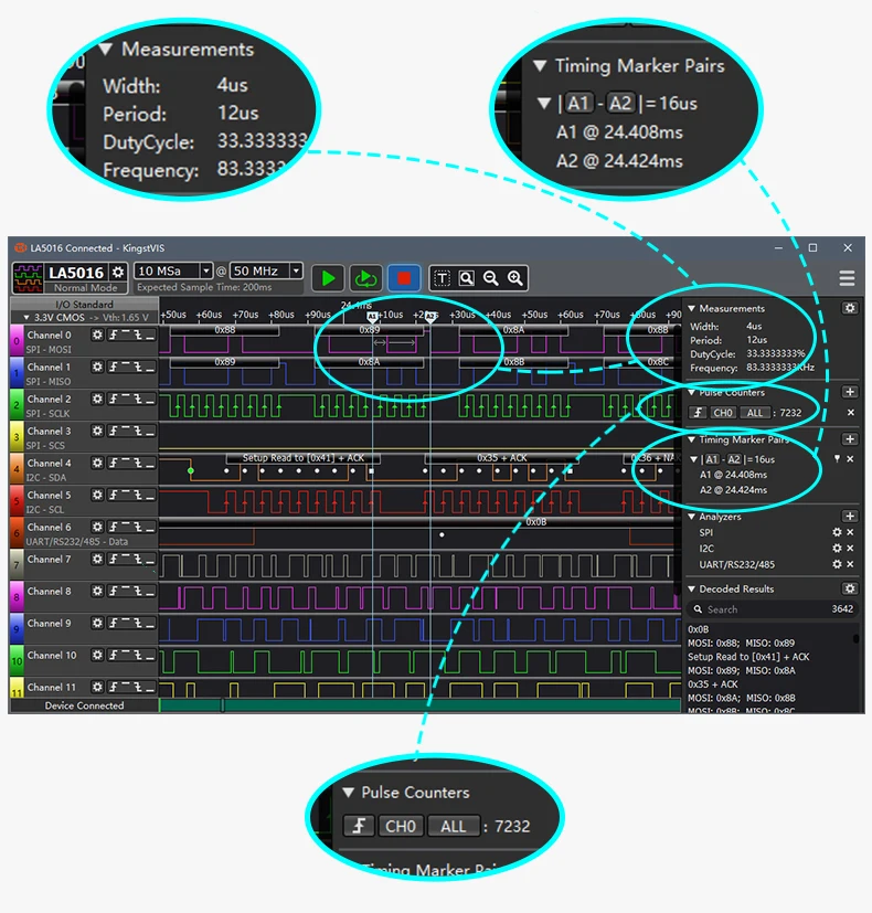 محلل منطق USB Kingst LA5032 500 متر بحد أقصى لمعدل العينة ، 32 قناة ، 10B عينات ، MCU ، ARM ، FPGA أداة تصحيح الأخطاء ، برامج إنجليزية