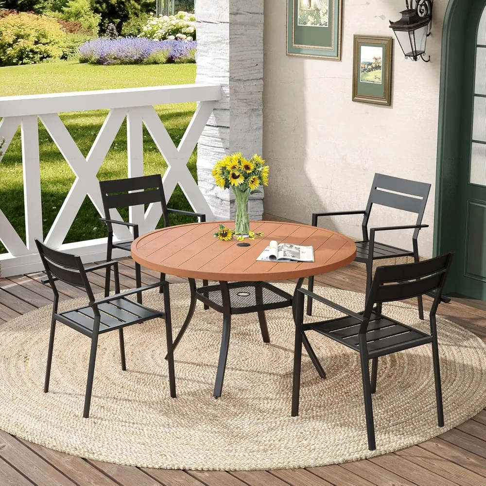 

5 Pieces Outdoor Patio Dining Set, 4 Black Stackable Metal Dining Chairs and 41.7" Walnut Round Plastic-Wood Table Top, Outdoor