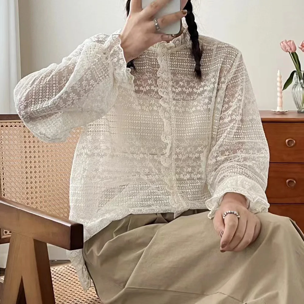 고품질 여성용 100% 면 레이스 블라우스 셔츠 데일리 싱글 레이스 속이 비치는 새틴 새 패션 셔츠 블라우스