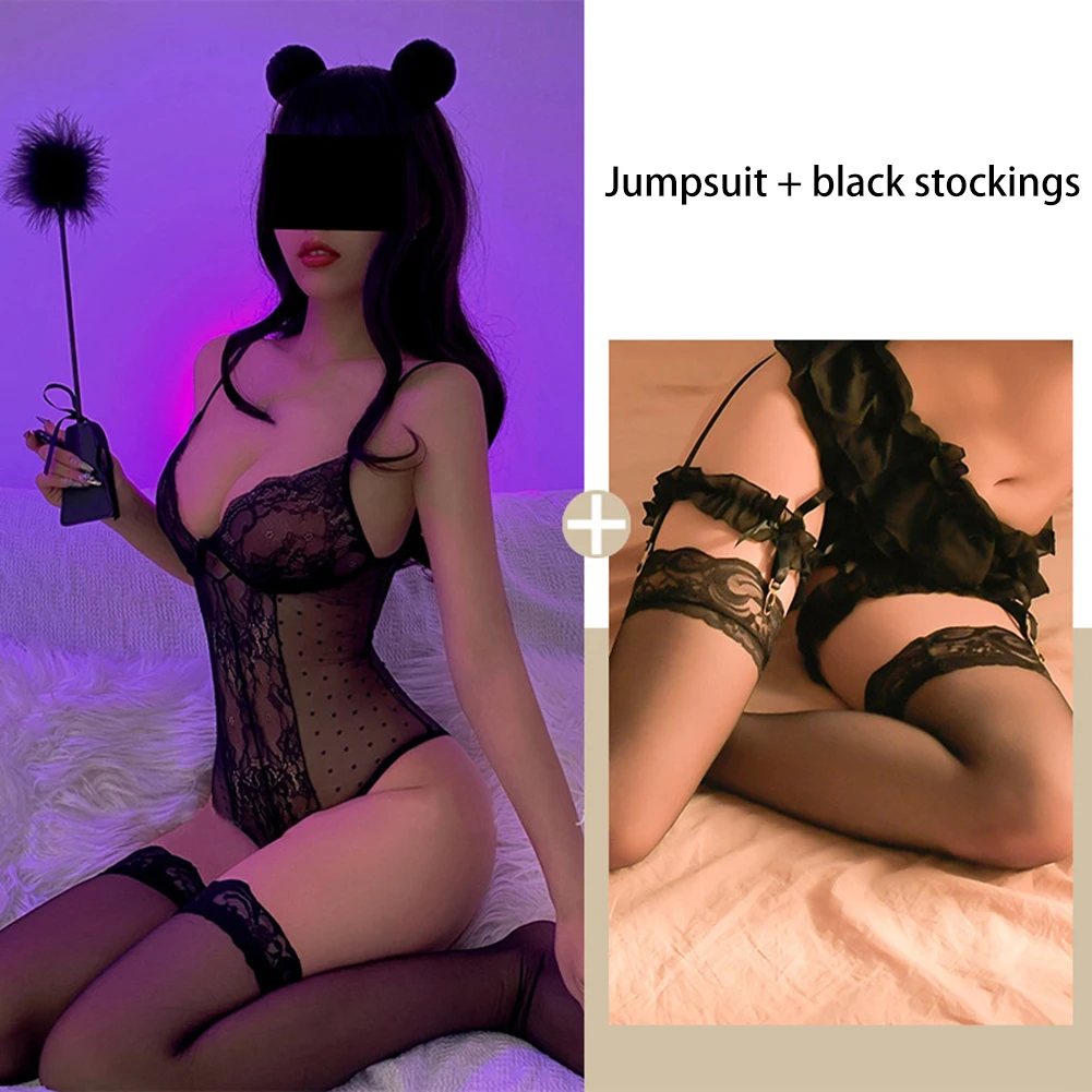 

Women's Sexy Lingerie Hollow Bodysuit Deep V Lace Elastic Underwear Open Crotch Stocking Breathable Underwear Full Body Leotard