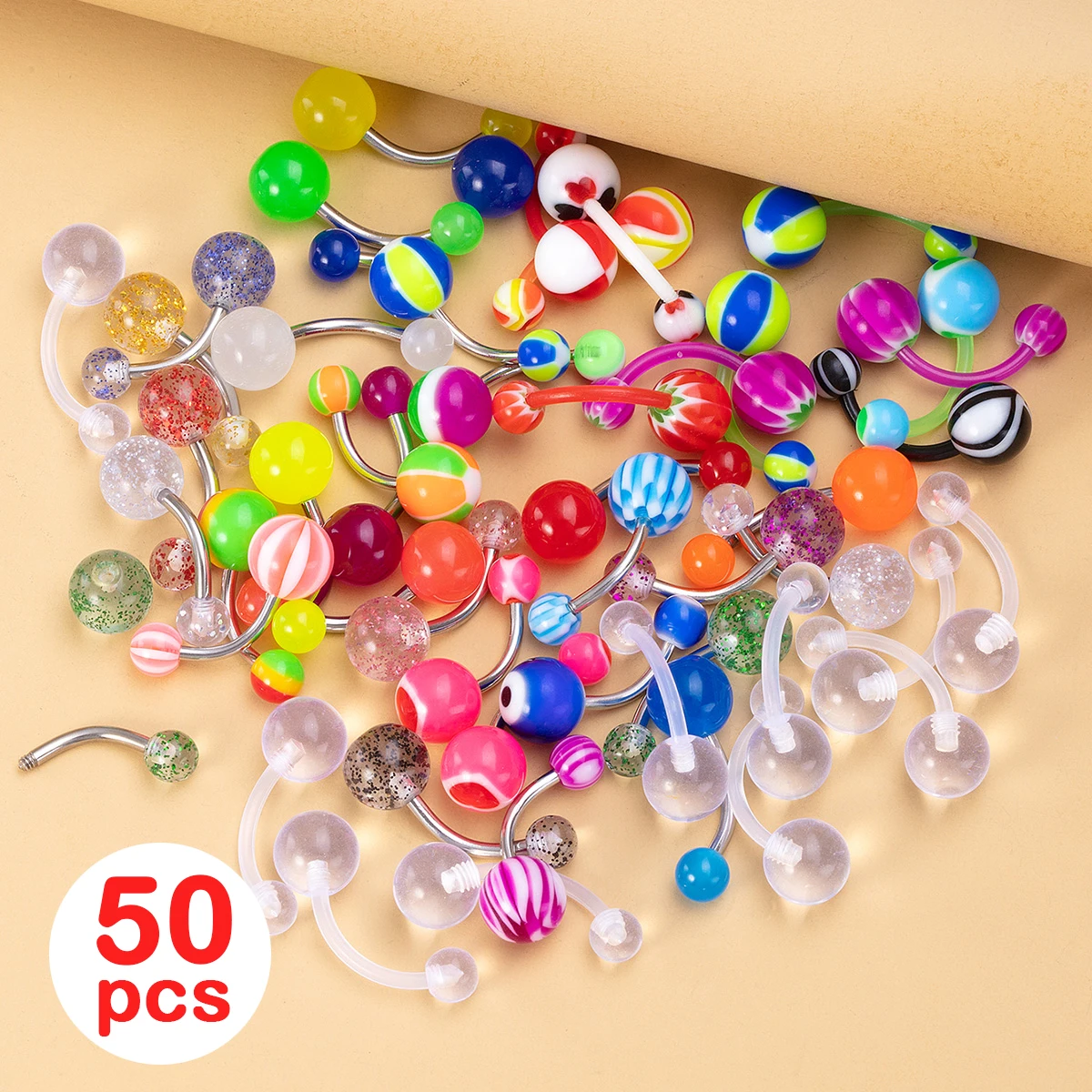Colorful Acrylic Ball Belly Button Rings Set, 50-100pcs