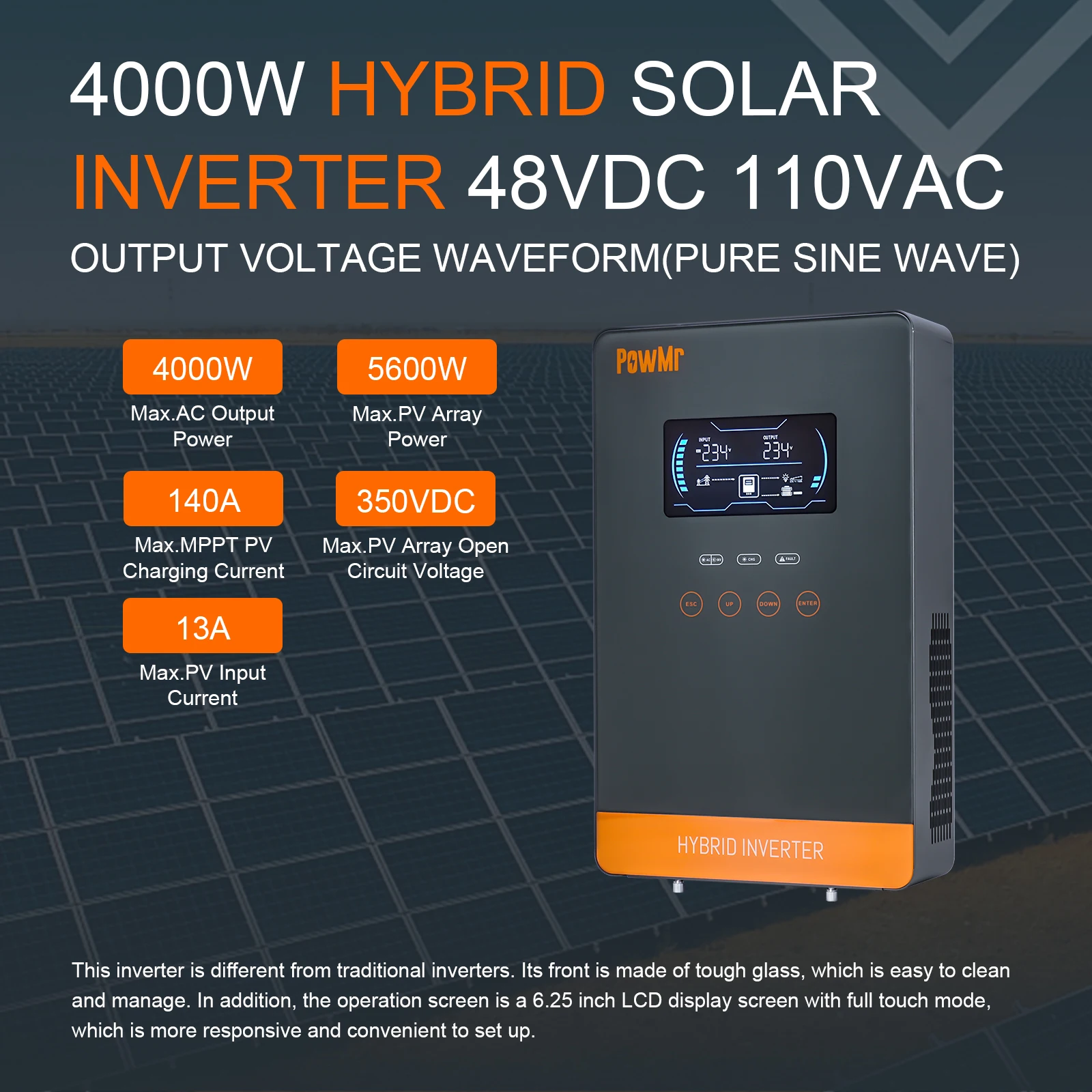 PowMr USA 4000W 24V Hybrid Solar Inverter Charger 100/110/120V AC Pure Sine Wave 140A MPPT Charger Max 5600W PV 55-350V DC Off Grid Inverter for Lead Acid AGM Gel Lithium Battery Home Emergency Solar Power System view 2