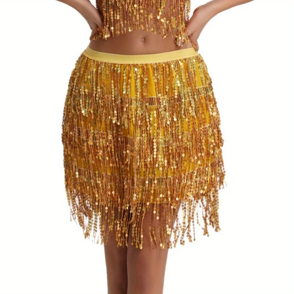 European & American Style Belly Dance Skirt - Fringe Beaded Design, Festival Performance Dance Outfit