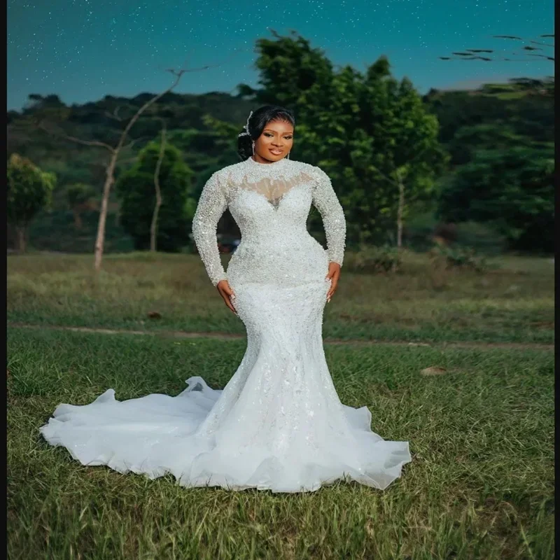 Customized High Collar  Handwork Heavy Pearls  Wedding Dress  Sweep Train Robe De Mariée Long Sleeves  Luxury  Bridal Gown