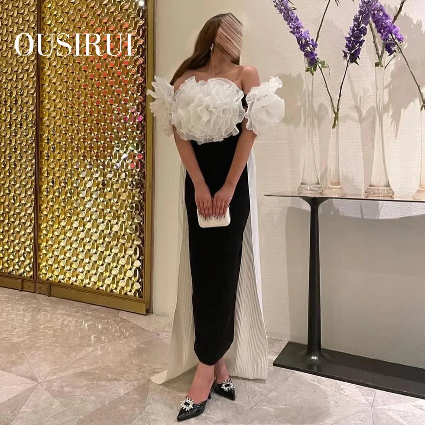 

OUSIRUI Black and White Mermaid Dress with Cape 3D Flowers Saudi Arabia Dubai 2024 Women Wedding Party Gowns فساتين سهرات