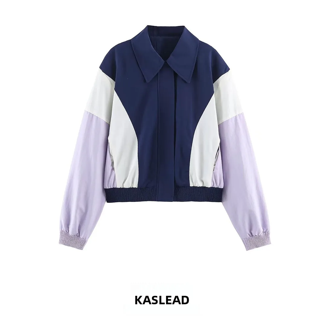 KASLEAD New Women's Fashion Patchwork Pilot Jacket Coat Long Sleeve Zipper Polyester Fiber Autumn Season European Style
