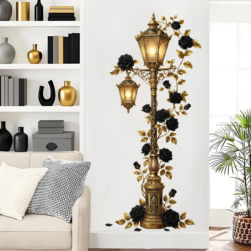 Retro Streetlight of 88CM Height Rose Flowers Vinyl Mural Stickers on the Door Wall for Aesthetic Rooms Romantic Home Decoration