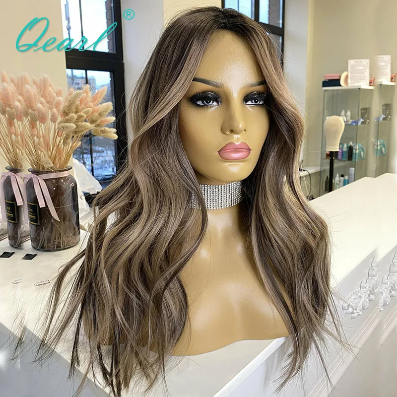 Women Real Human Hair Wig HD 360 Lace Frontal Wigs Dark Honey Blonde Highlights Colored Loose Wave Full Lace Wig Top Sale Qearl