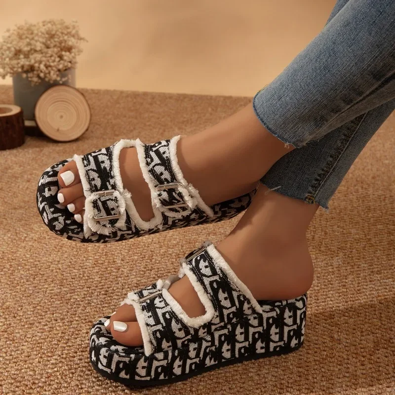 Women Denim Slides 2024 New Summer Women's Fashion Designer Platform Sandals Ladies Breathable Beach Canvas Shoes Slides Women