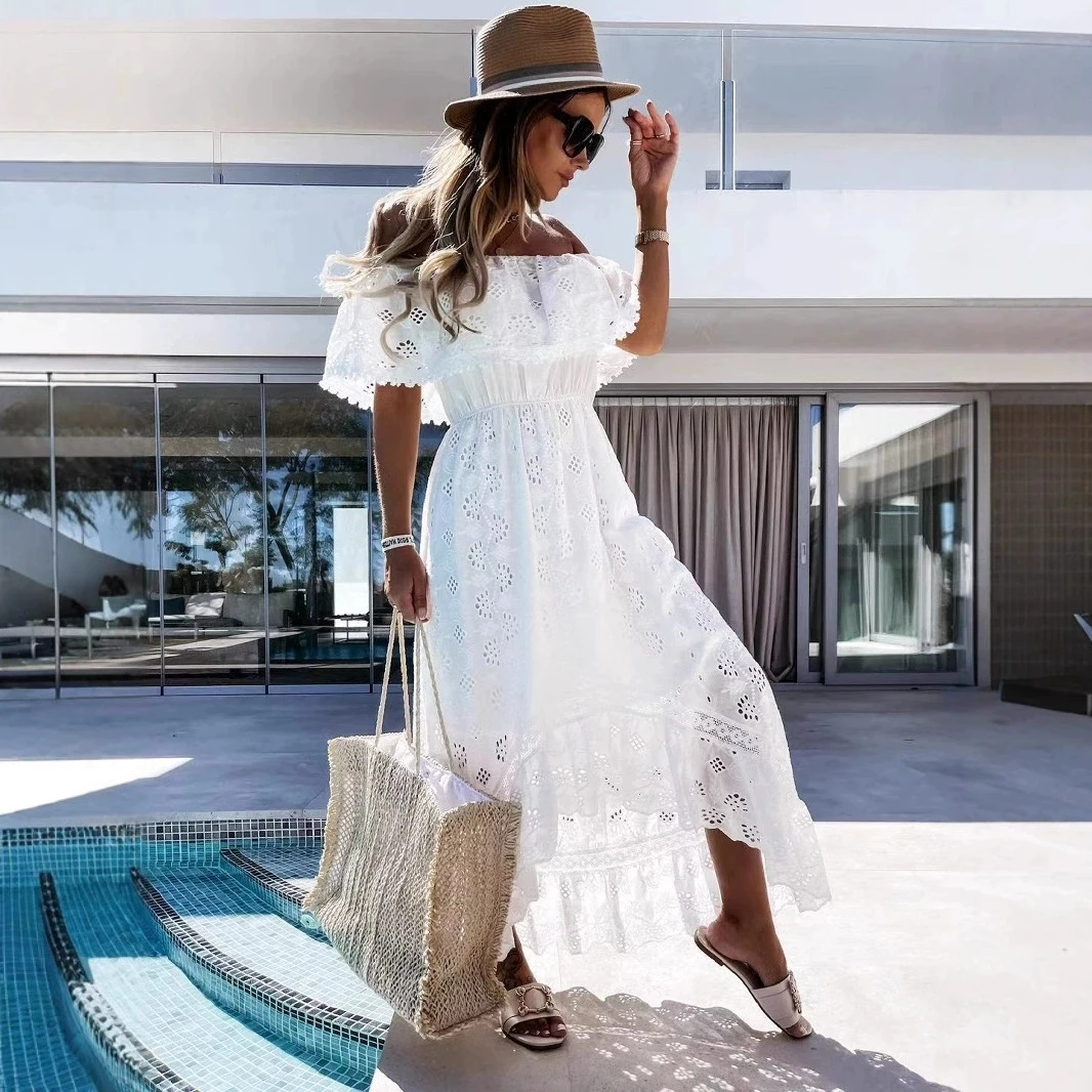 여성 보헤미안 화이트 롱 드레스 짧은 소매 오프 어깨 레이스 프릴 루즈 드레스 여름 휴가 해변 캐주얼 드레스 여성