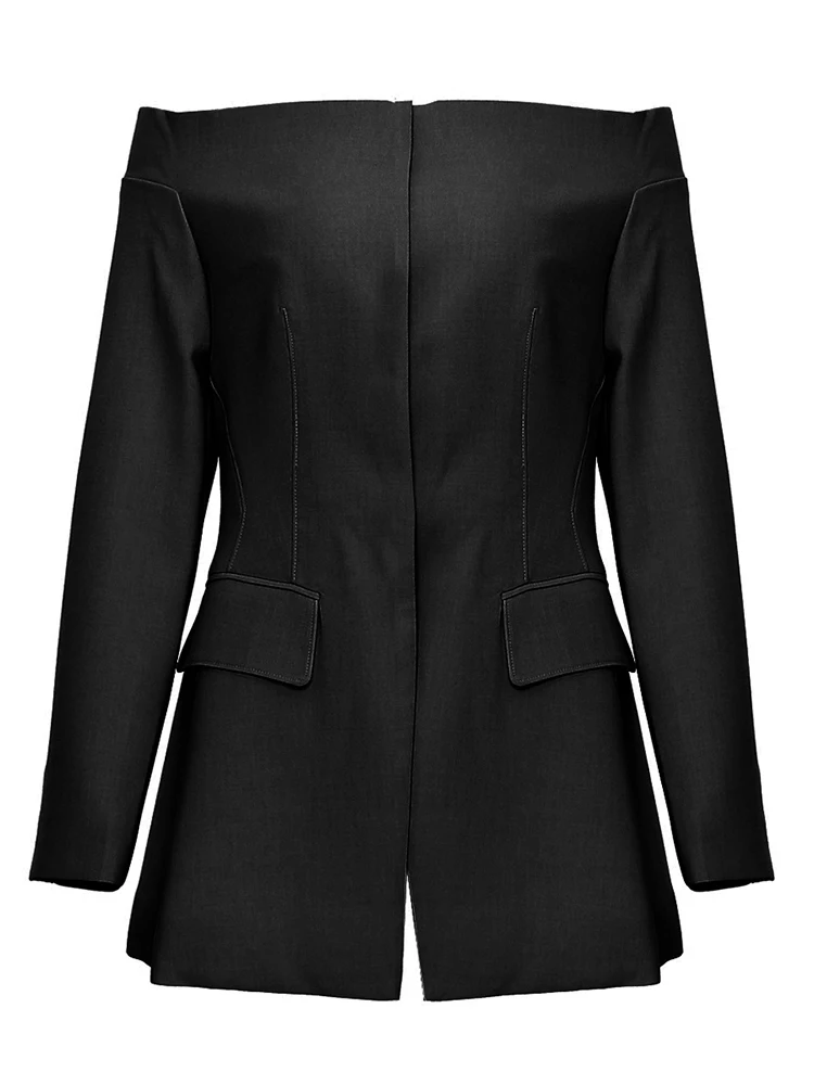 TWOTWINSTYLE Solid Patchwork Elegant Jacket For Women Slash Neck Long Sleeve Spliced Covered Button Slimming Coat Female Autumn