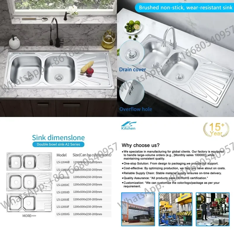 Commercial Top Mount 304 Double Bowl Stainless Steel Two Hole Handmade Modern Kitchen Sink