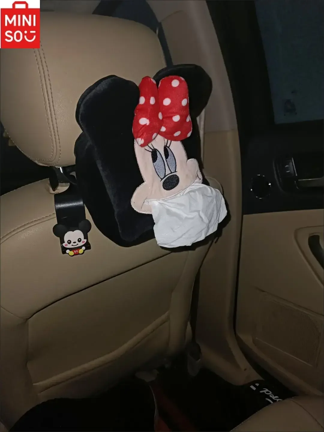 MINISO Disney Mickey Minnie Car Seat Back Hanging Tissue Box Cartoon Mickey Mouse Armrest Box Tissue Storage Couple Car Interior