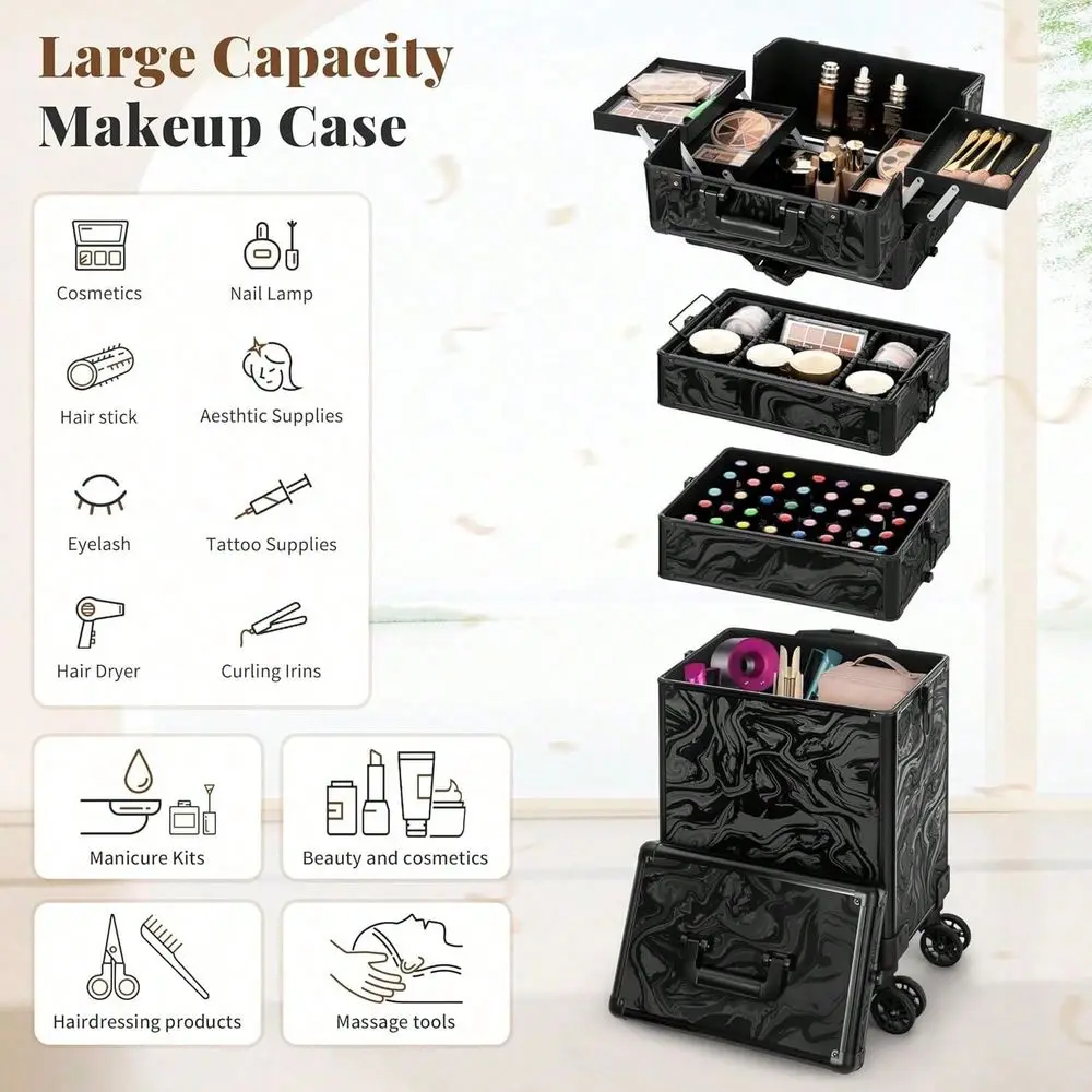 Makeup Train Case On Wheels, 4In1 Cosmetology Professional Travel Cosmetic Bag With Lockable Organizer Box, For Women, Hairstyl view 6