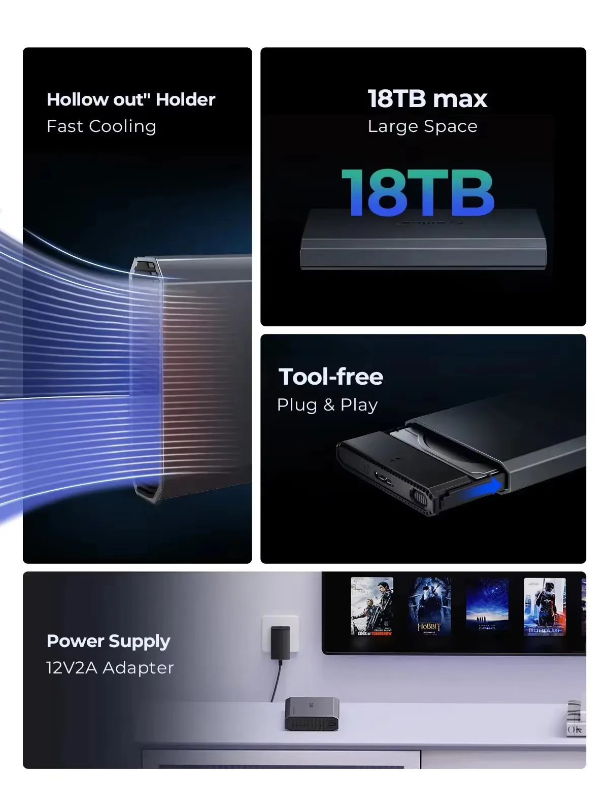 ORICO HDD Case 2.5/3.5 Inch Hard Drive Enclosure USB3.1 Type-C External HDD Case Aluminum Alloy & ABS with 12V2A Power Adapter