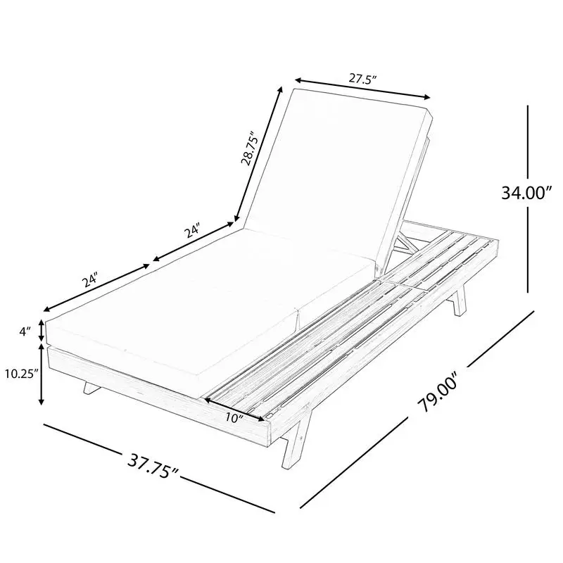 아카시아 우드 라운지 체이스 세트(크림색 삼중 접이식 쿠션 포함) - 한쪽은 공간이 있고, 어두운 회색 버전도 있습니다.