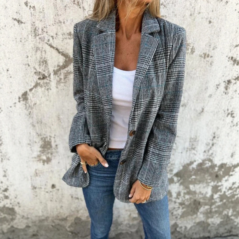 سترة نسائية 2025 متقلب رمادي أسود متباين كم طويل مفتوح من الأمام فضفاض مناسب طية صدر السترة ملابس خارجية متعددة الاستخدامات للمكتب #4