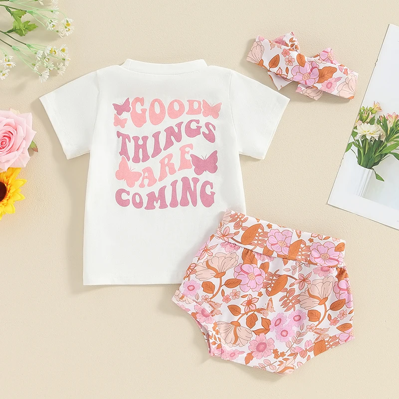 

Baby Girls Shorts Set Short Sleeve Butterfly Print T-shirt Flower Print Shorts Headband Summer Outfit