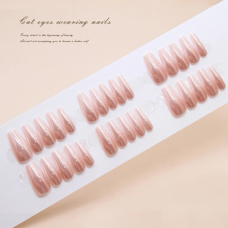 30Pcs Cat Eye Handmade Press On Nails With Gradient Design False Nails Full Cover French Ballerina Wearable Artificial Nail Tips