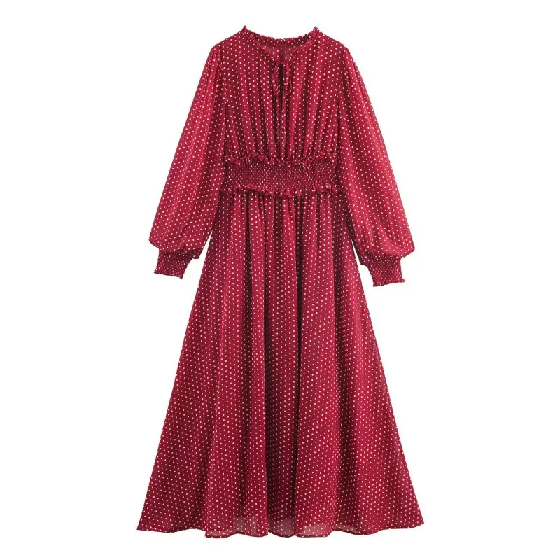 Vestido Maxi Retro Vermelho com Poás para Mulheres, Manga Lanterninha, Cintura Ajustável, Barra com Renda, Comprimento até o Tornozelo, Vintage Elegante para Festas