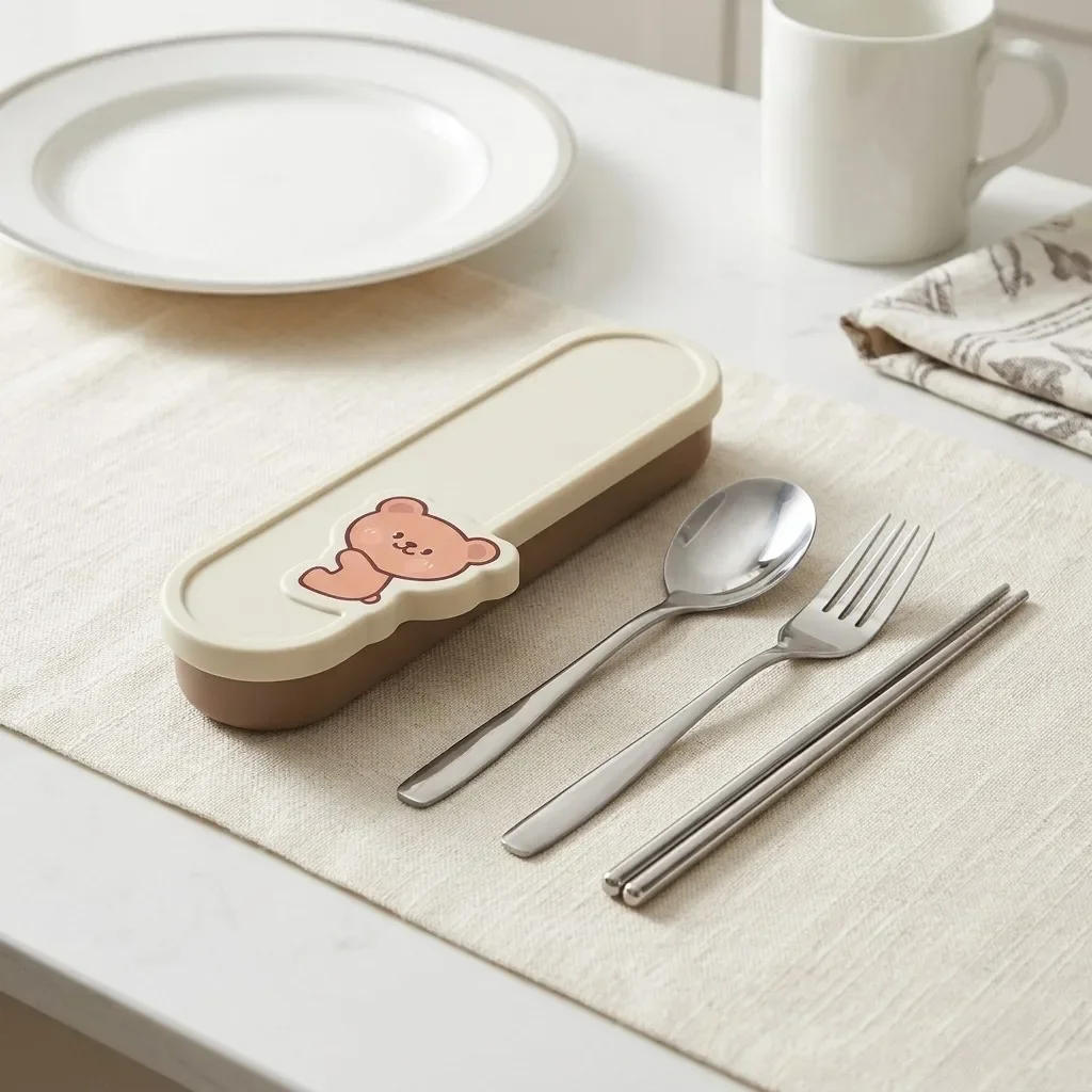 Cute Bear Portable Stainless Steel Cutlery Set Spoon Fork Chopsticks with Case Kids School Travel Tableware Silverware Utensils