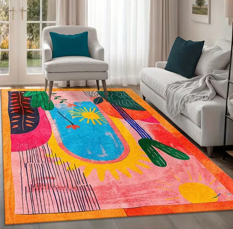 Modern Minimalist Style Hand-painted Plant Sun Pattern Floor Mat Suitable for Home Decoration Carpets