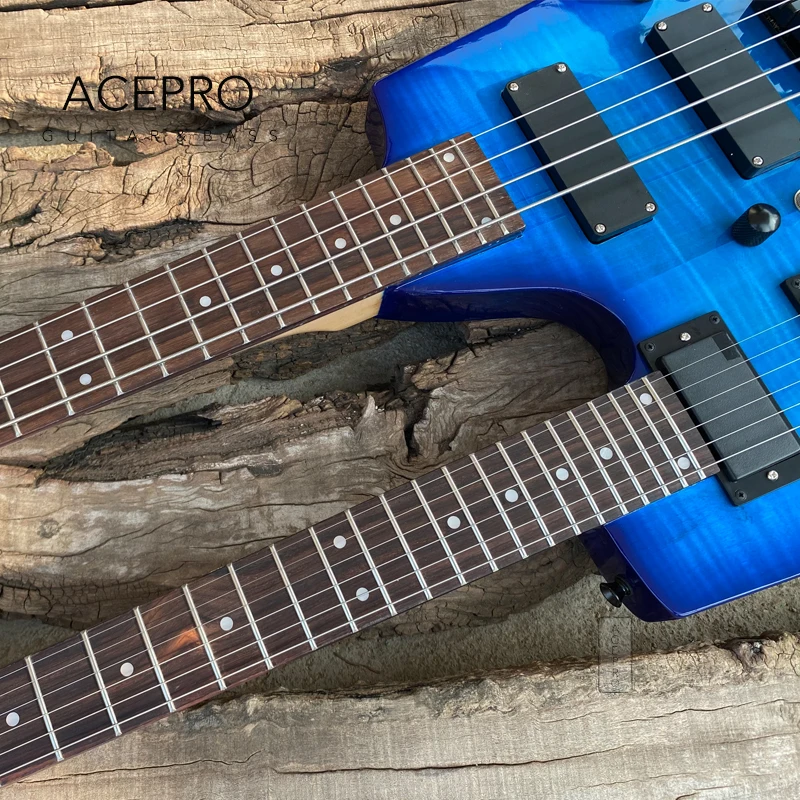 Double Neck Headless Electric Guitar Blue Flame Maple Top, Tremolo Bridge 6 String Guitarra+4 String Bass Combo