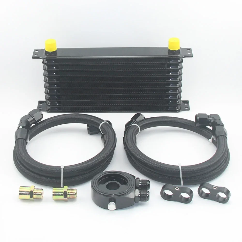 Universal 13 Rows Oil Cooler Kit AN10 Transmission Oil Cooler Kit Oil Filter Adapter with Nylon Stainless Steel Braided Hose