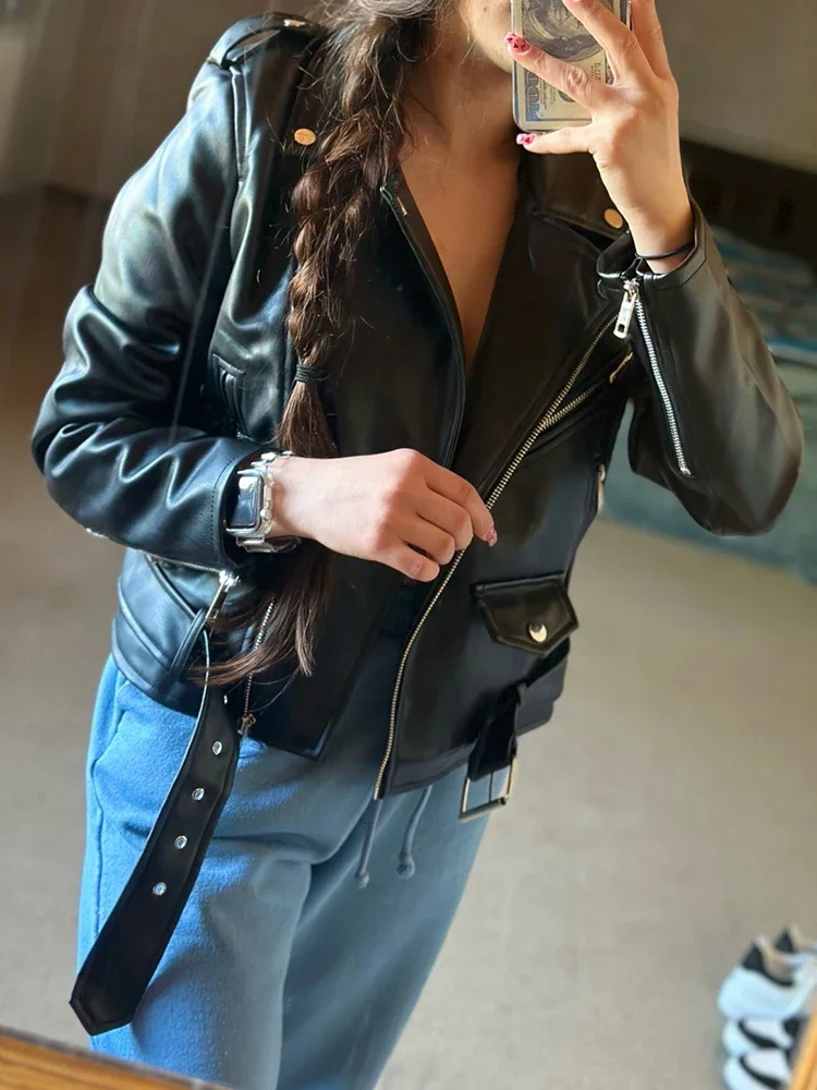 Fitaylor Spring Autumn Women PU Leather Jacket Casual Lady Lapel Zipper Moto Biker Jacket Vintage Female Outwear with Belt