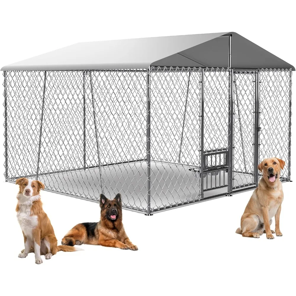 Canil ao ar livre resistente com tampa, Cadeia exterior Link Playpen para cão grande, Tigelas, 10x10x7ft