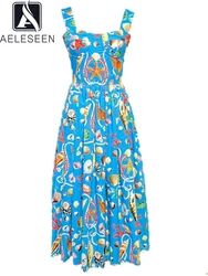 AELESEEN High Quality 100% Cotton Dress Women Sicilian Summer Spaghetti Strap Blue Shell Starfish Print Elegant Poplin Long