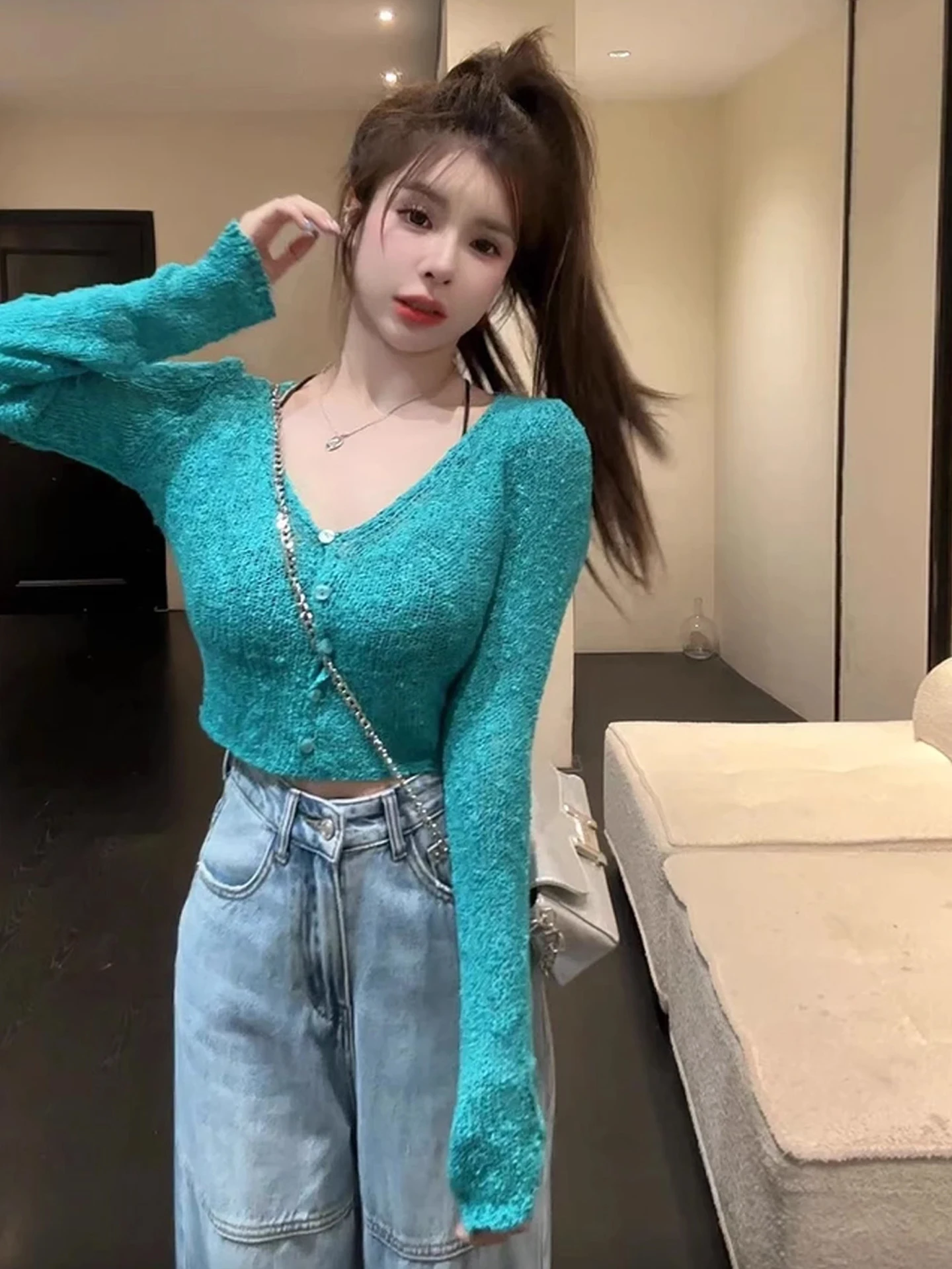 เสื้อคาร์ดิแกนถักแบบเปิด Cleanfit Long Sve สำหรับผู้หญิง รุ่นใหม่ต้นฤดูใบไม้ร่วง ดีไซน์เพรียวบาง เซ็กซี่ สีลูกกวาด ตกแต่งสวยงาม