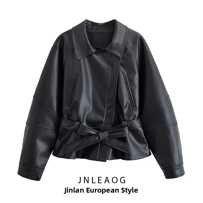

JNLEAOG Bla ort кожаная ветровка женская модная универсальная осенняя Новое поступление длинный костюм свек пальто