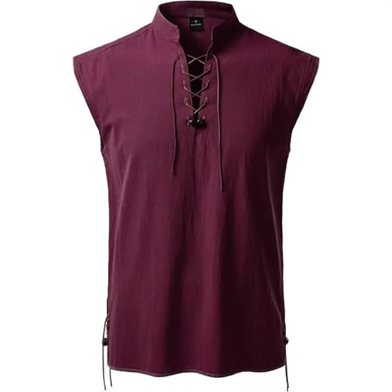 Men's Shirt Henley Shirt Sleeveless Hippie Casual Beach Stand-Up Collar Shirt
