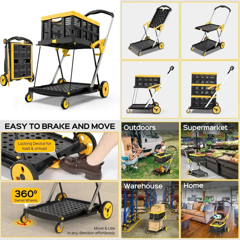 عربة تسوق قابلة للطي بعجلات، عربة بقالة بسعة تحميل 200 رطلاً مع صندوق تخزين، شاحنة يدوية بمنصة مع مسند للقدمين #1