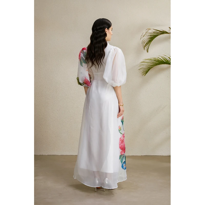 フレンチシックヴィンテージボヘミアンプリントイブニングパーティードレス女性用メッシュパフスリーブシングルブレストサンドレス婦人服ロングドレス