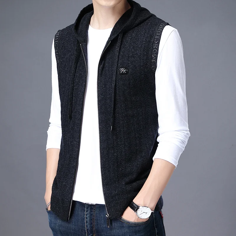 

Vest Pure and wool autumn sweater men's winter hooded sleeveless knitted cardigan wearing thickened sweater waistcoat