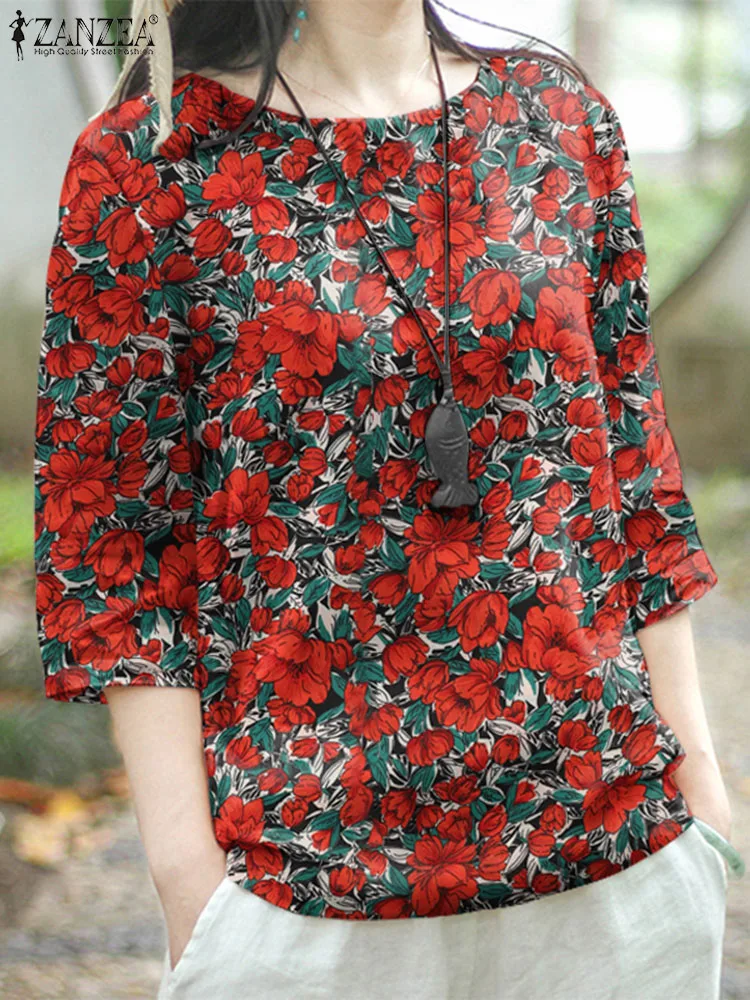 ZANZEA Fashion Holiday 3/4 Sleeve Blouses Vintage Round Neck Tops Casual Loose Flower Print Shirt Party 2023 Autumn Blusas Mujer