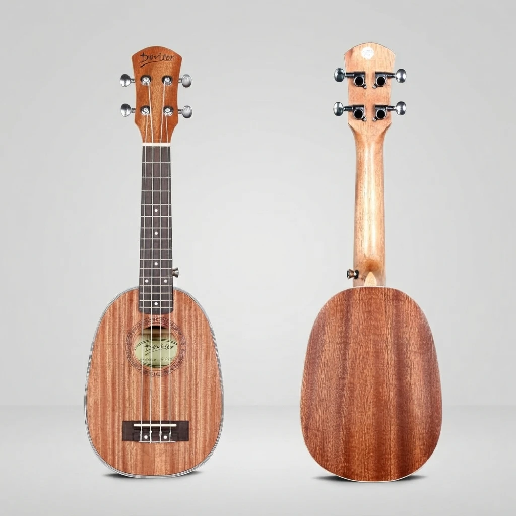Pineapple Shape Ukulele 4 Strings, Natural Gloss Wood Body, Silver Open Tuners, White Binding, Decorative Rosette for Beginners