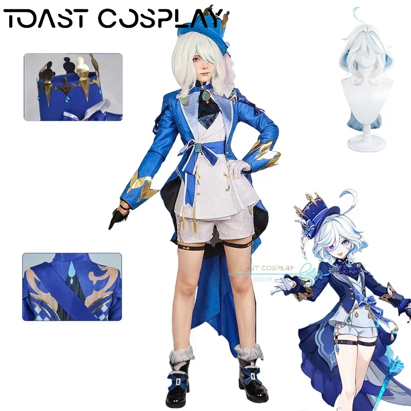 

Game Genshinimpact Fontaine Character Focalors Cosplay Costume with Hat Patterned Fabrics Focalors Sexy Anime Costume Wig Women