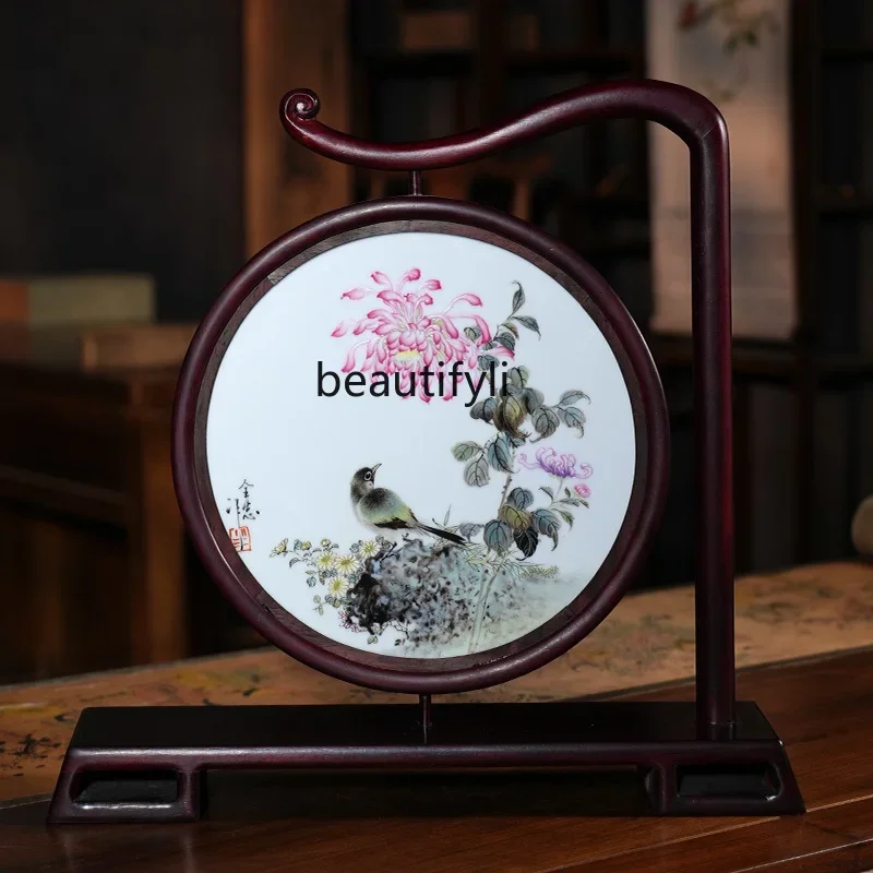 

Solid wood partition desktop small screen insert antique ceramic hand-painted ornament Chinese table screen