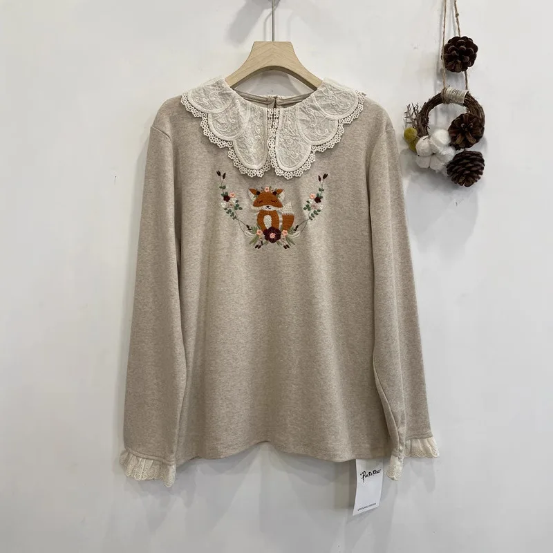 Autumn New Sweet Mori Girl Cartoon Fox Embroidery Cotton T Shirt Women Ruffles Collar Long Sleeve Casual Loose Tshirt Tops