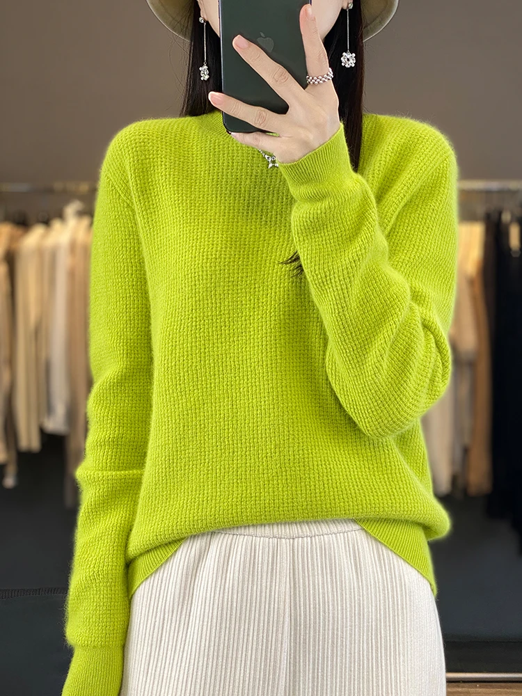 Sweater lengan panjang wanita, pakaian Sweater kasmir lengan panjang wol Merino Pullover O-Neck musim semi musim gugur 100%