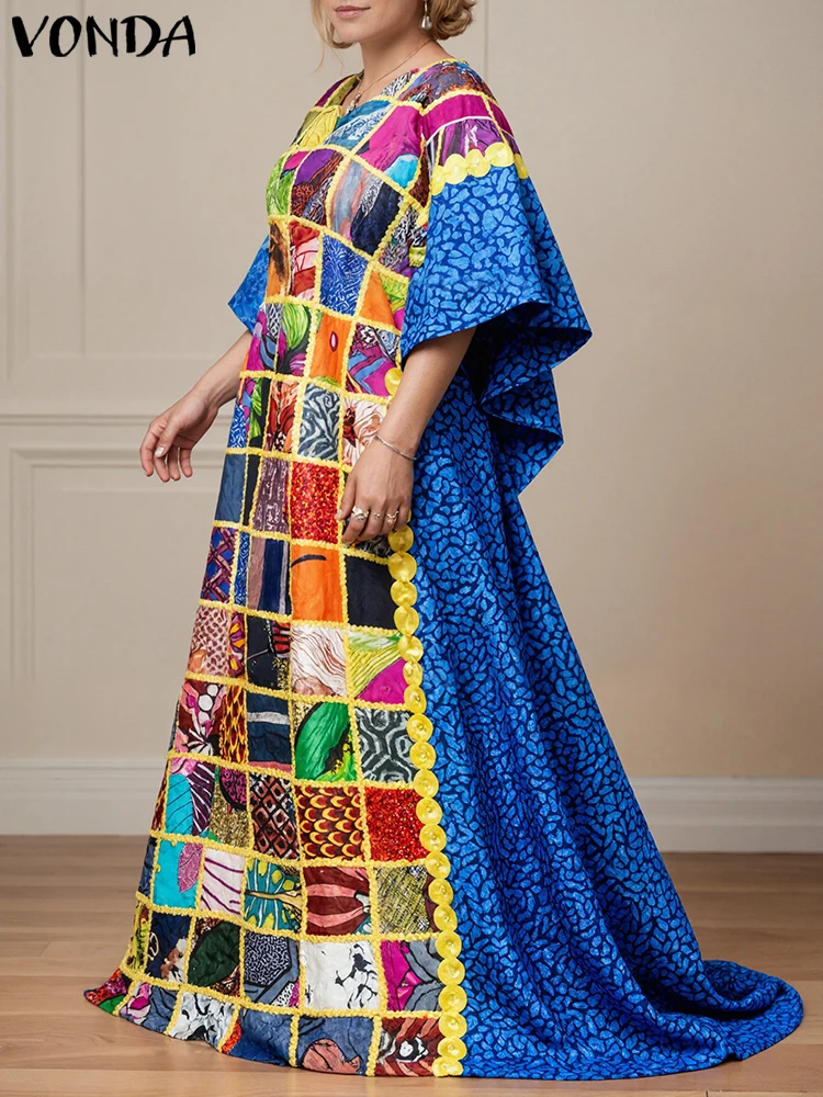 

Dress Plus Size Women Printed Patchwork Sundress Fashion Vintage Party Vestidos 2025 VONDA Casual Loose V Neck Robe