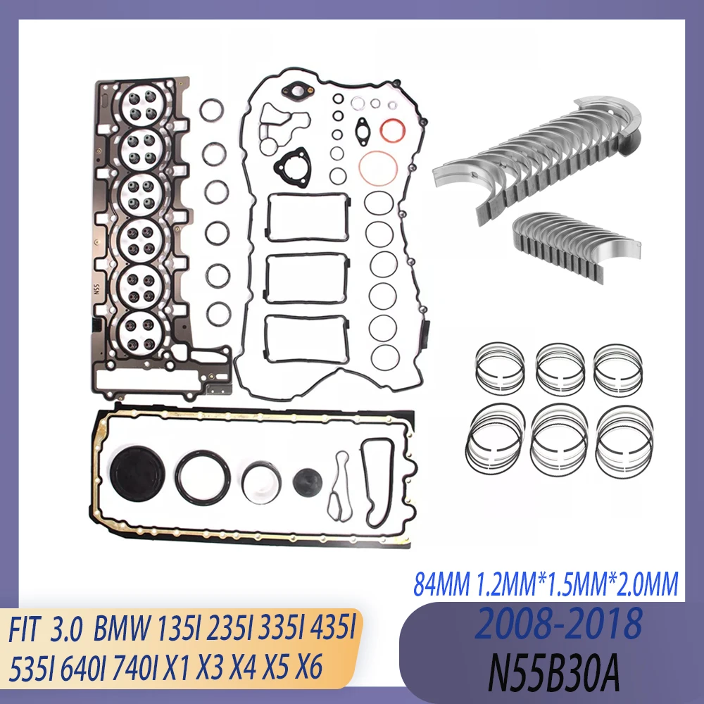 Engine Full Gasket Set & Bearing Piston Ring Kit Fit 08-18 3.0 T L GAS N55B30 For BMW 335i 435i 530i 535i 640i 740i X3 X4 X5 X6