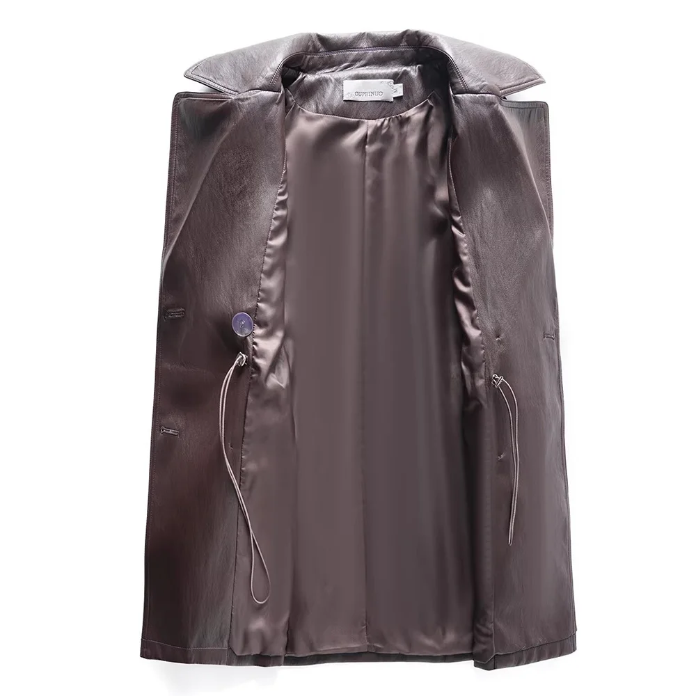 New Women Split Leather Trench Coat Spring Autumn Fashion Turn-down Collar Double Breasted Slim Waist Coat Casual Leather Trench view 3